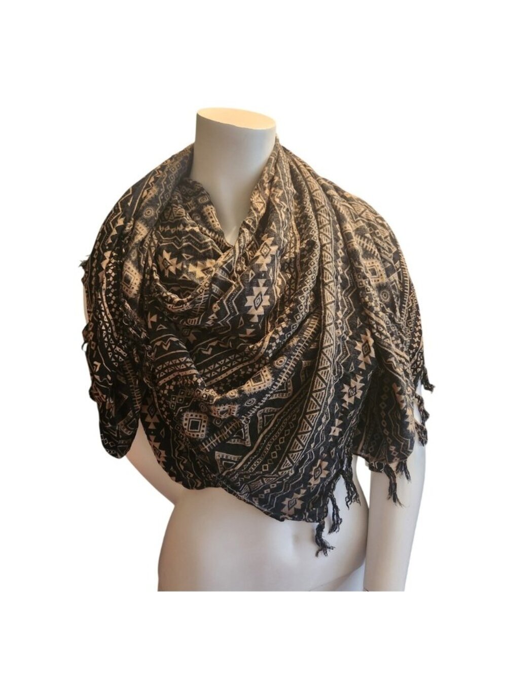 Black Tan Geometric Tribal Print Fringe Oversized Scarf Shawl 60x42